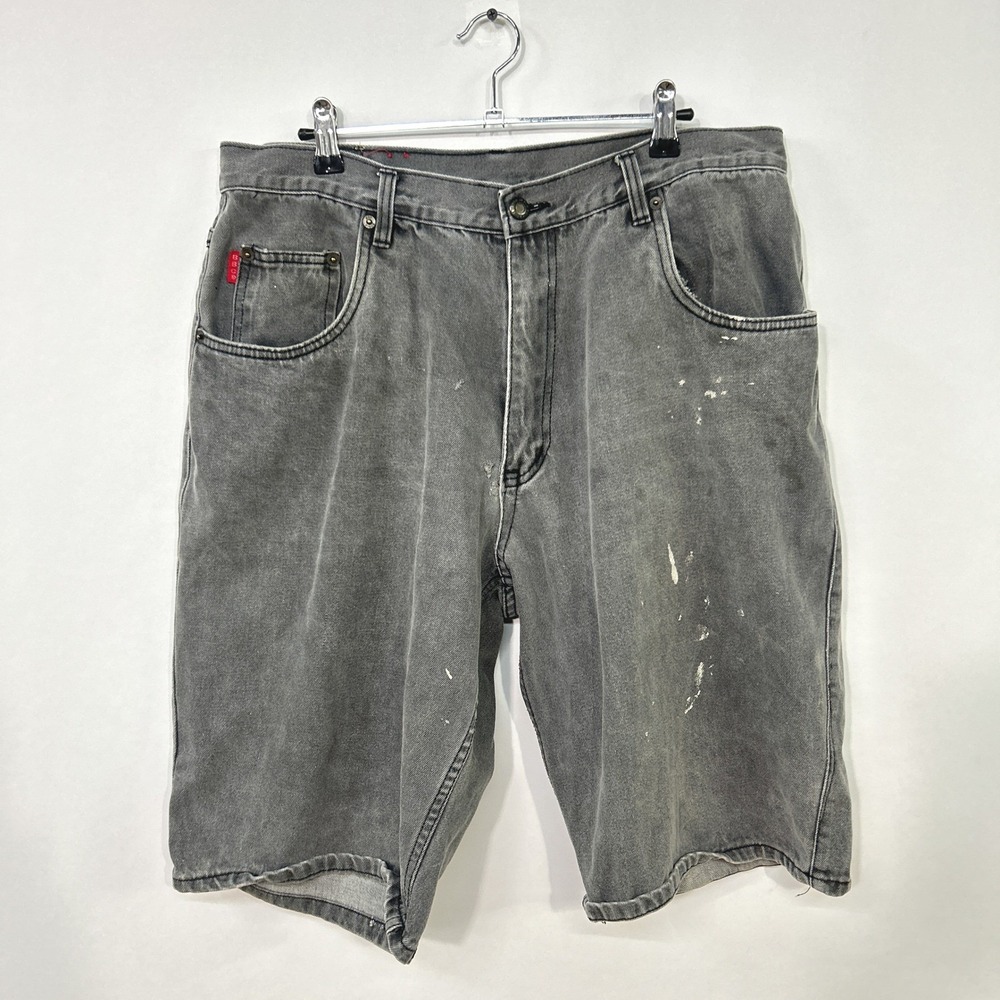 Vintage Bugle‎ Boy Denim Shorts 34 Black Paint Splatter 90s Grunge Skater Y2K